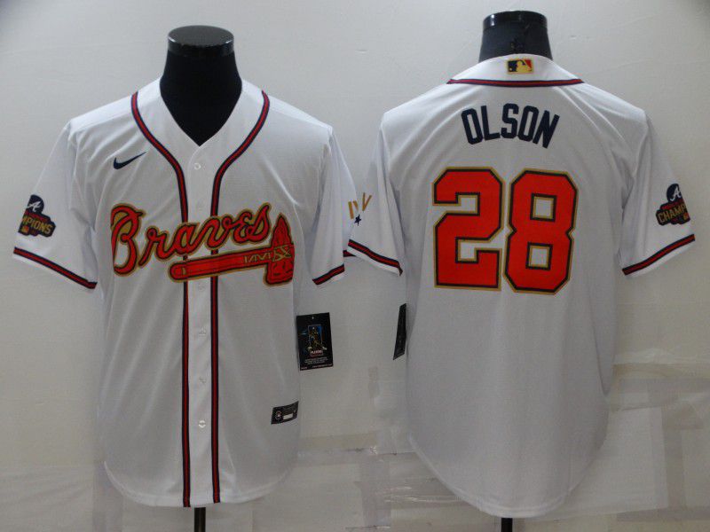 Men Atlanta Braves 28 Olson White Gold Game Nike 2022 MLB Jersey